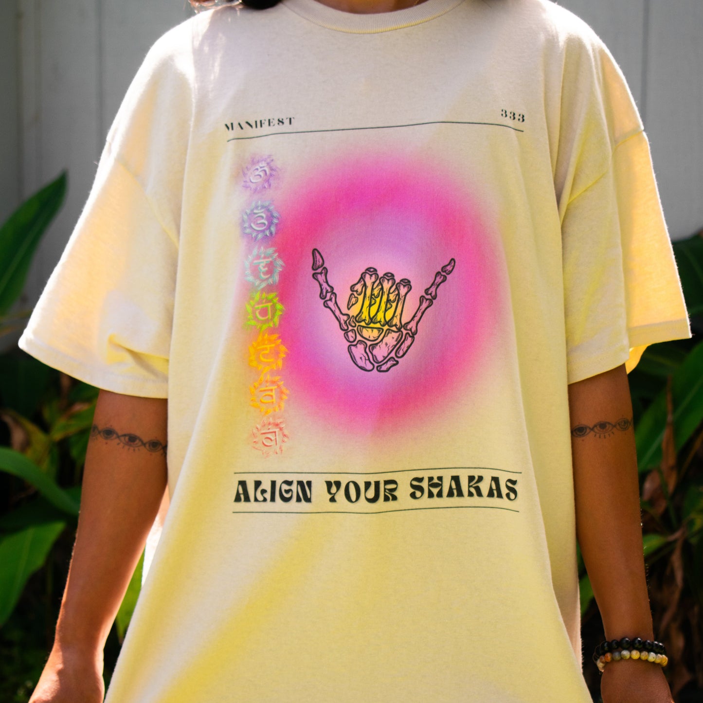 Align Your Shakas spiritual t-shirt styled for conscious living, inspired by balance and Hawaiian culture