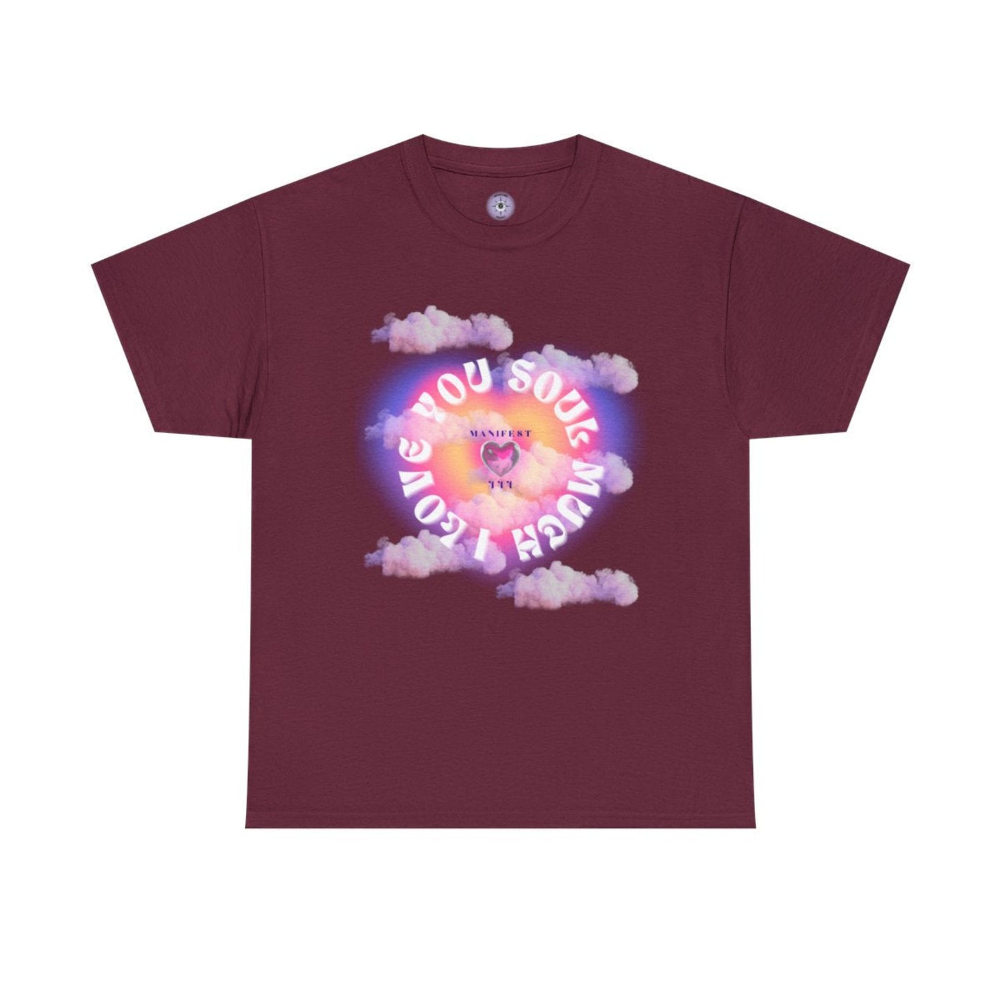 I Love You Soul Much spiritual t-shirt inspired by Heart Chakra meditations and angel number 444 energy in maroon, front view