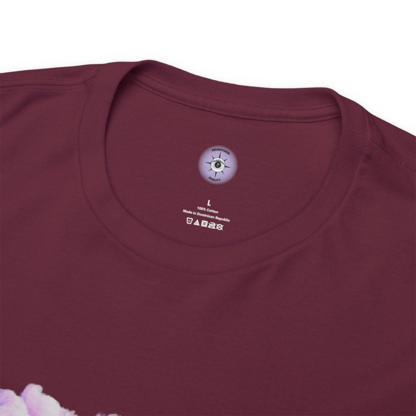 Close-up of I Love You Soul Much Heart Chakra inspired graphic printed on 100% cotton t-shirt in maroon