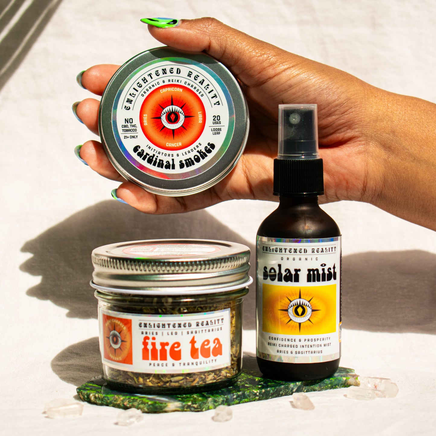 Organic Aries Zodiac Ritual Bundle featuring Solar Plexus Mist, Fire Element Tea, and Cardinal Smoking Blend with crystal altar
