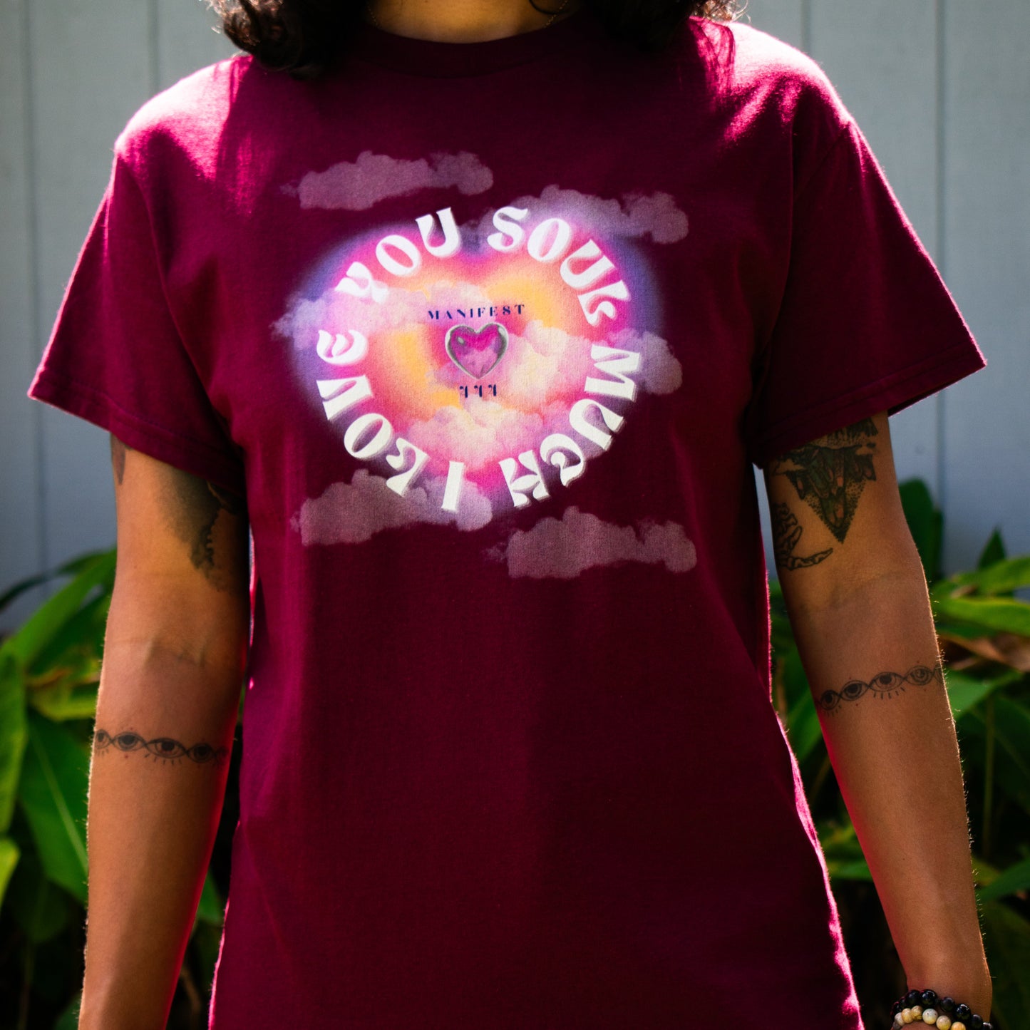 I Love You Soul Much spiritual t-shirt inspired by Heart Chakra meditations and angel number 444 energy in maroon, front view