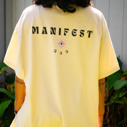 Close-up of Align Your Shakas chakra-inspired graphic printed on 100% cotton t-shirt