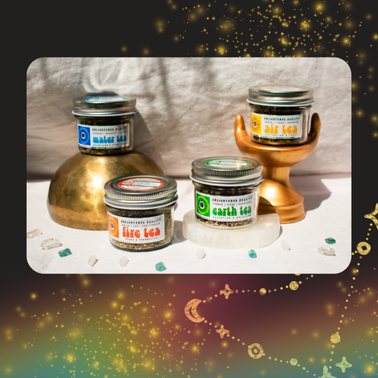 Herbal tea bundle displayed with crystals and a rainbow background
