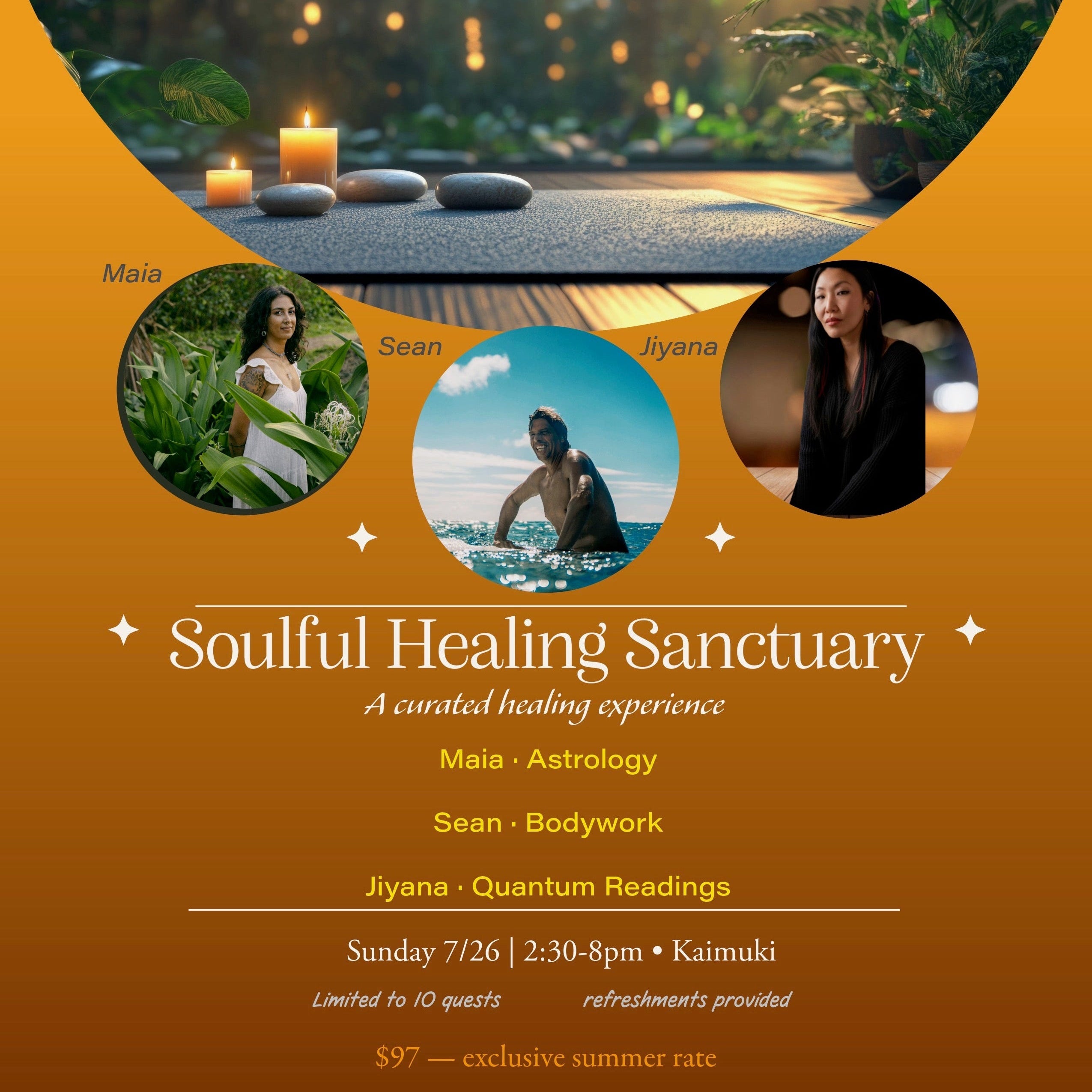 Promotional flyer for 'Soulful Healing Sanctuary' featuring a warm brown gradient background, a circular zen garden photo at the top, three circular photos of people labeled Maia, Sean, and Jiyana, event details for Sunday 7/26 at 2:30-8pm, and a QR code with Maluhia Healing Arts at the bottom.