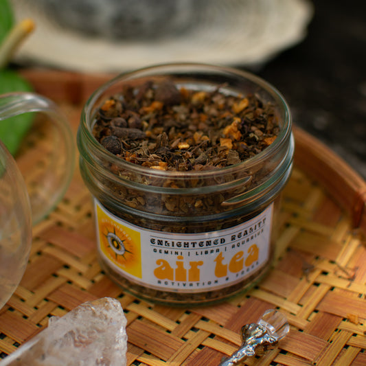 Jar of air signs tea herbal blend for Gemini, Libra, and Aquarius for activation rituals