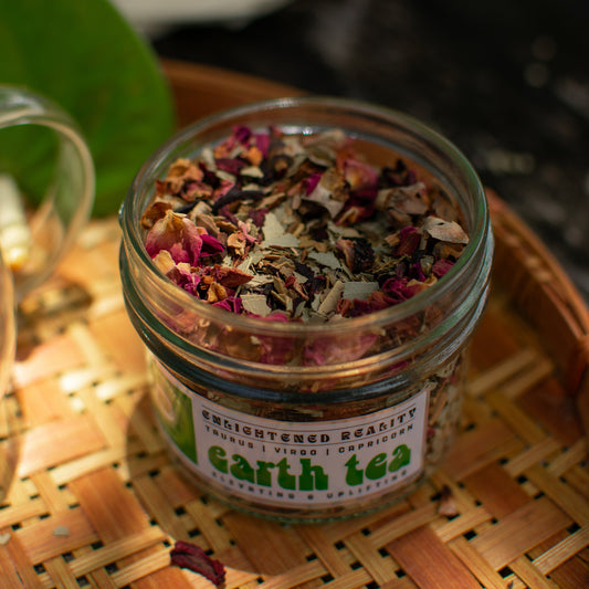 Jar of Earth Tea herbal blend with hibiscus and rose – Taurus, Virgo, Capricorn tea for elevating and uplifting
