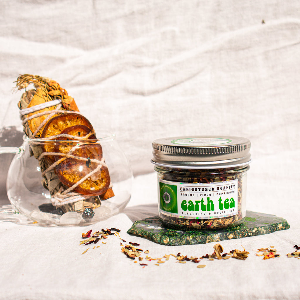 Organic Earth Element Herbal Tea for Taurus, Virgo, and Capricorn zodiac signs, promoting uplifting vitality and grounding