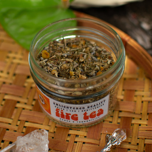 Jar of Fire Tea herbal blend with chamomile and lavender – Aries, Leo, Sagittarius tea for peace and tranquility
