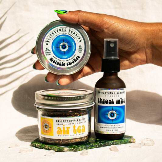 Organic Gemini Zodiac Ritual Bundle featuring Throat Chakra Mist, Air Element Tea, and Mutable Smoking Blend with crystal altar