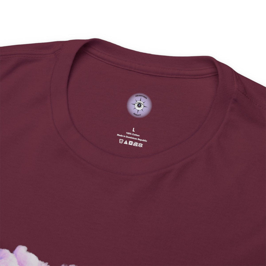 Close-up of I Love You Soul Much Heart Chakra inspired graphic printed on 100% cotton t-shirt in maroon
