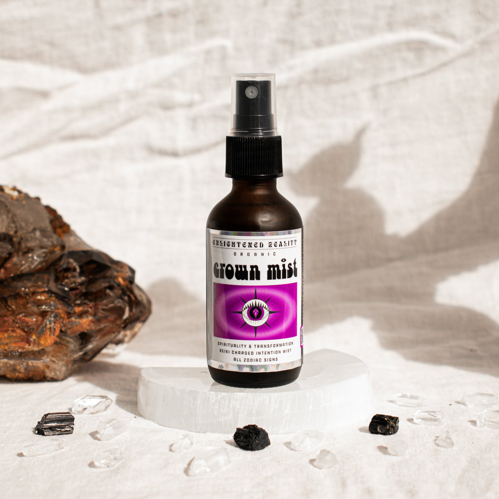 Organic chakra mist spray bottle for meditation and energy cleansing by Enlightened Reality