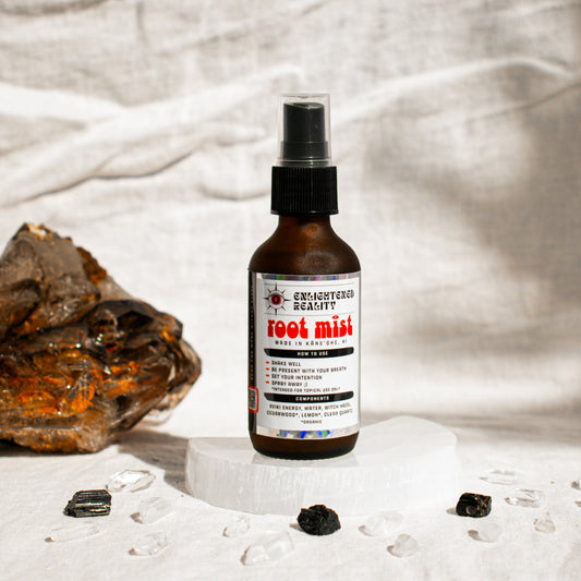 Close-up of organic chakra mist bottle label with Reiki-charged ingredients for energy healing