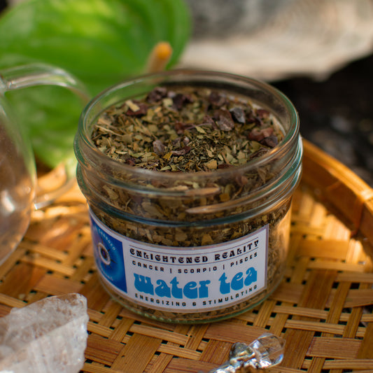 Jar of Water Tea herbal blend for Cancer, Scoprio, and Pisces for energizing and stimulation