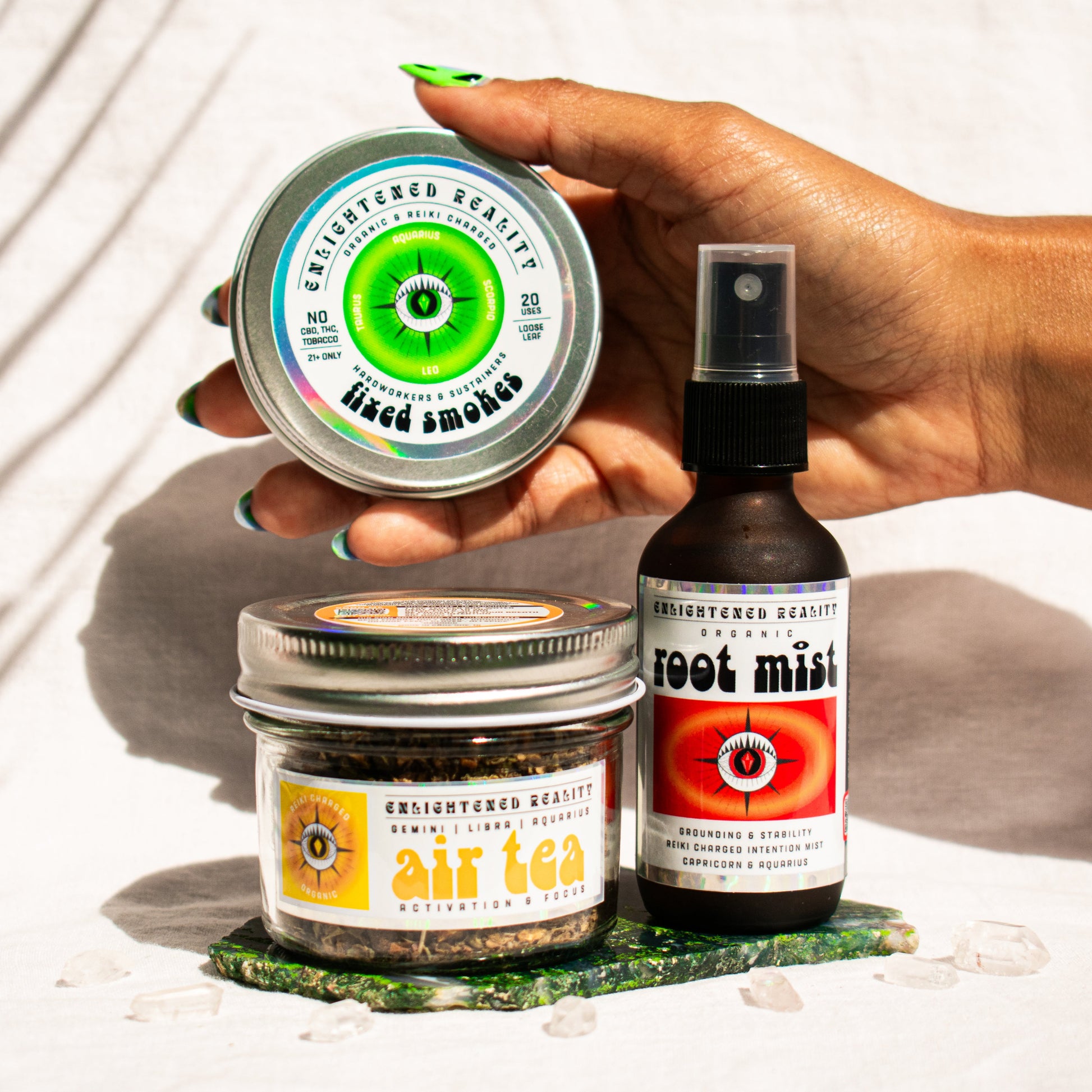 Organic Libra Zodiac Ritual Bundle featuring Heart Chakra Mist, Air Element Tea, and Cardinal Smoking Blend with crystal altar