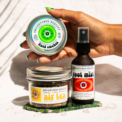 Organic Libra Zodiac Ritual Bundle featuring Heart Chakra Mist, Air Element Tea, and Cardinal Smoking Blend with crystal altar