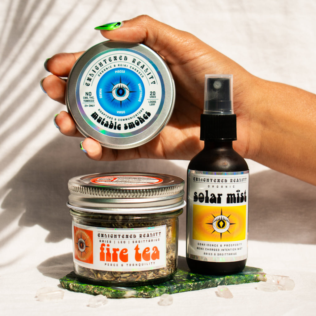 Organic Sagittarius Zodiac Ritual Bundle featuring Solar Plexus Chakra Mist, Fire Element Tea, and Mutable Smoking Blend with crystal altar