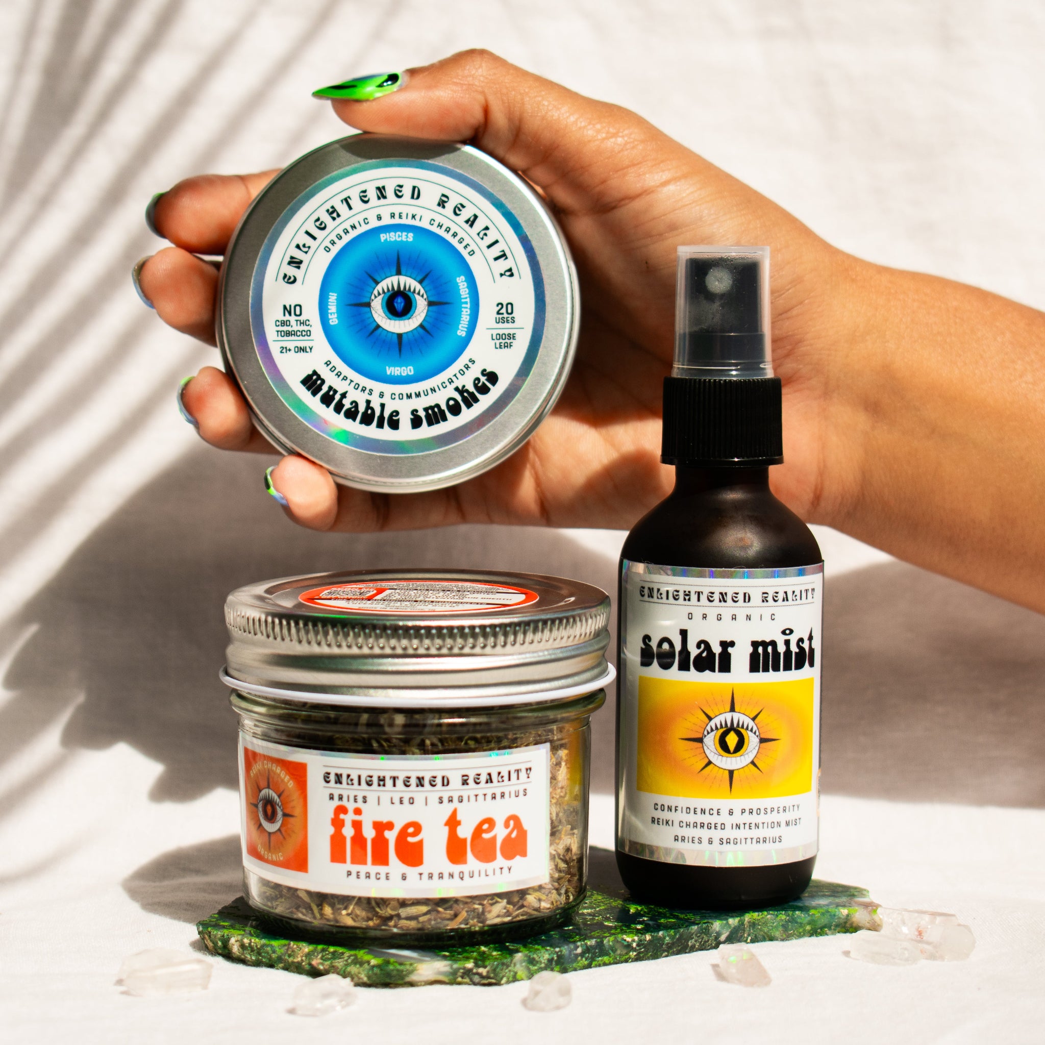 Organic Sagittarius Zodiac Ritual Bundle featuring Solar Plexus Chakra Mist, Fire Element Tea, and Mutable Smoking Blend with crystal altar
