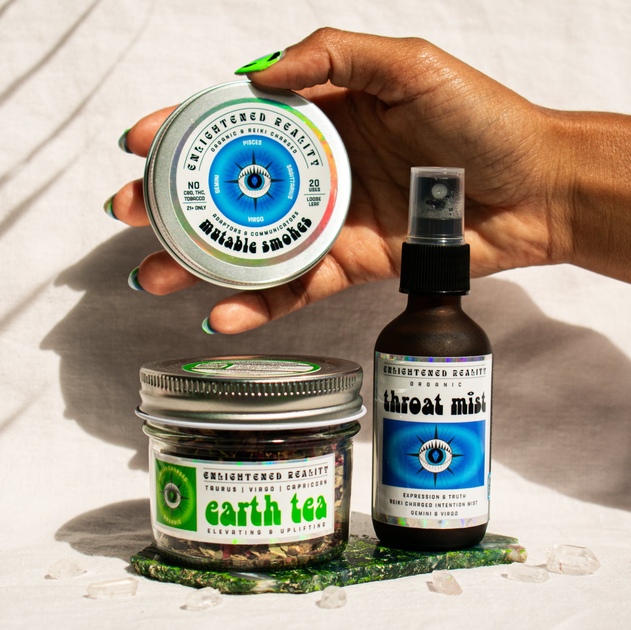 Organic Virgo Zodiac Ritual Bundle featuring Throat Chakra Mist, Earth Element Tea, and Mutable Smoking Blend with crystal altar